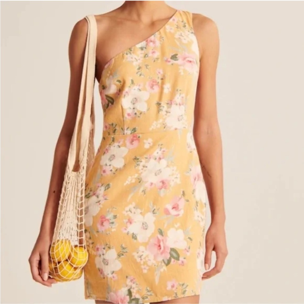 Abercrombie & Fitch Linen Floral One Shoulder Orange Mini Dress Small Tall